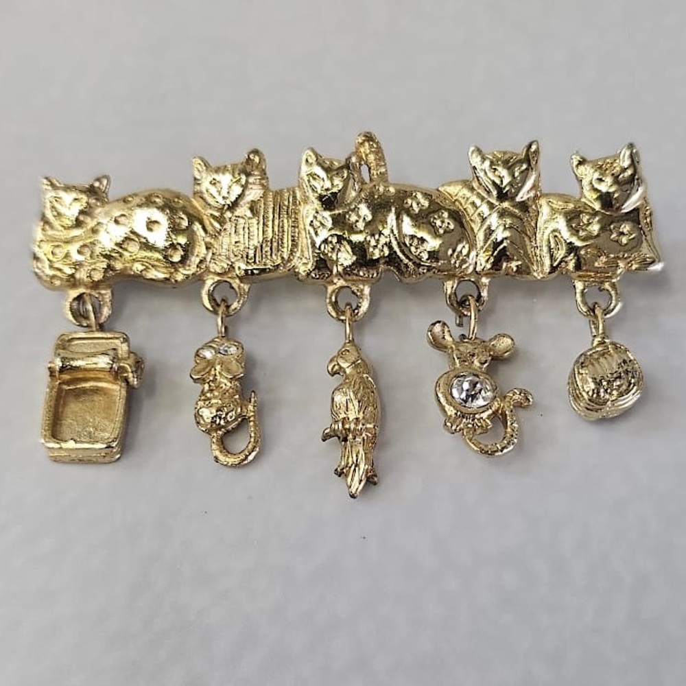 Vintage Gold Cat Brooch with Charms